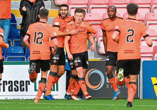 Dundee United players celebrate Paul Watson’s (centre) winner against Ross County in Dingwall.