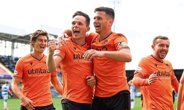 Shankland celebrates a goal against Greenock.