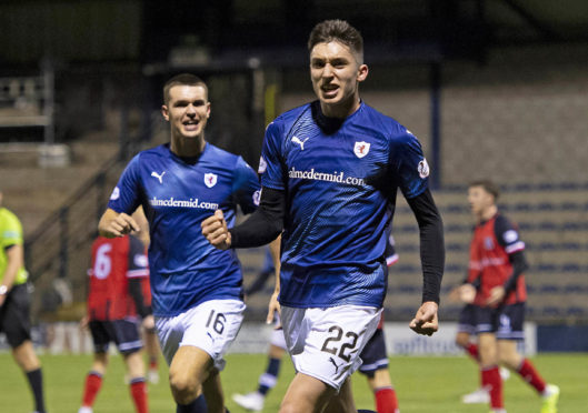 Kieron Bowie wheels away after putting Raith Rovers in the lead against Elgin in the Challenge Cup.