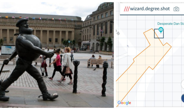 'wizard.degree.shot' - the what3words code for the Desperate Dan Statue in Dundee's High Street.