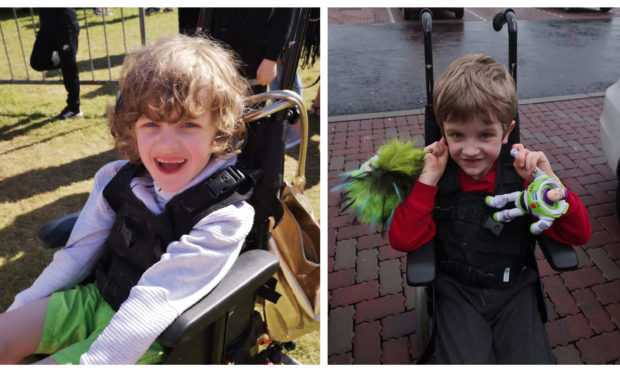 Kade Logan in the chair which was stolen left picture), and in another chair he uses, holding some of his favourite toys including Buzz Lightyear.