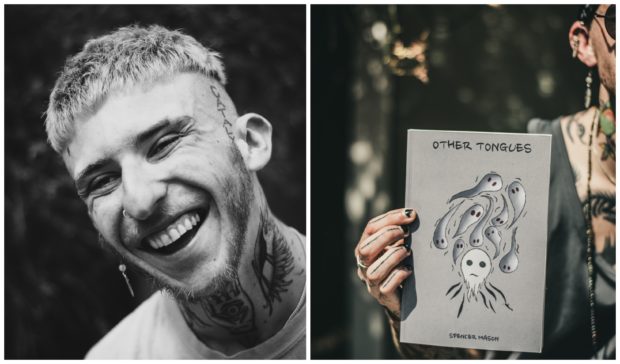 Spencer Mason, left, and a copy of his book, right.