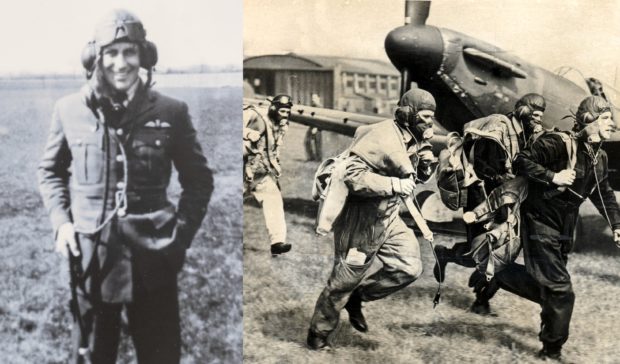 Canadian pilot John Benzie (left) and RAF pilots running into the action during the Battle of Britain.