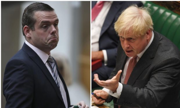 Douglas Ross, left, defended his backing for Boris Johnson's plans, which the Government has already conceded would break international law.
