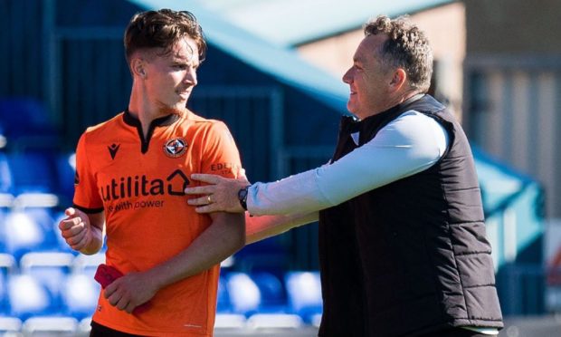 Dundee United attacker Logan Chalmers and boss Micky Mellon.