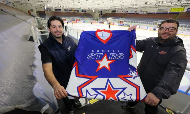 Omar Pacha, General Manager/Head Coach of the Dundee Stars, and Michael Ward - Commercial and Community Manager of the club, with one of the first retro Dundee Stars jerseys.
