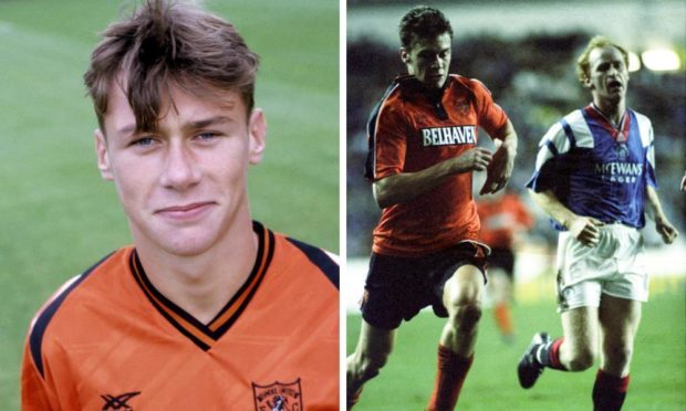 Duncan Ferguson at start of 1990/91 season (left) and in action against Rangers' John Brown in 1993.