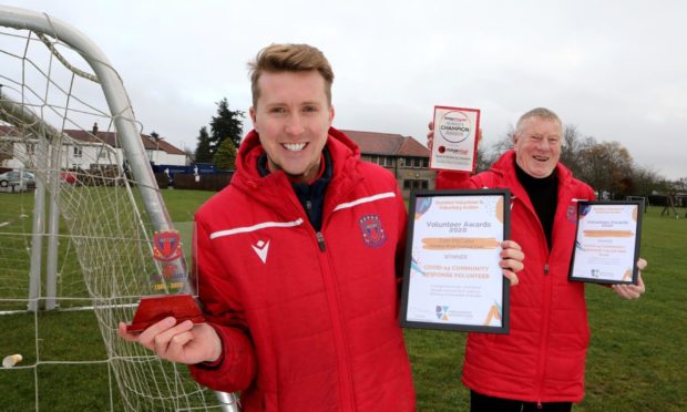 Dundee West Football Club's Tam McCabe and Jim Hunter with their awards.