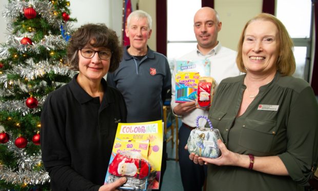 Major Carole Tucker, Major Gordon Tucker, with Chris McAuley and Pamela Grant from Salvation Army Employment Plus, Salvation Army Community Church, Thurso Crescent at the launch of their Christmas Toy Appeal in 2019.