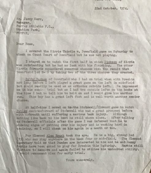 Kenny Dick scouting letter to Jerry Kerr.