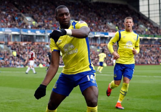 Everton's Yannick Bolasie celebrates scoring his side's first goal of the game during a Premier League match at Turf Moor, Burnley.