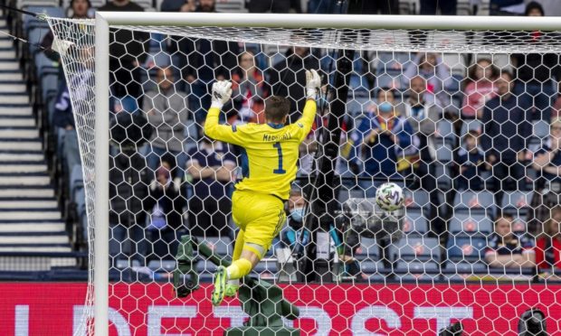 Czech Republic's Patrick Schick makes it 2-0 from long range as David Marshall (pictured) is beaten