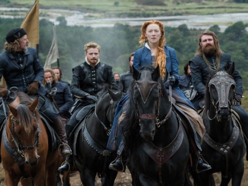 Jack Lowden as Lord Darnley, Saoirse Ronan as Mary Stuart and James McArdle as the Earl of Moray (Liam Daniel/Focus Features)