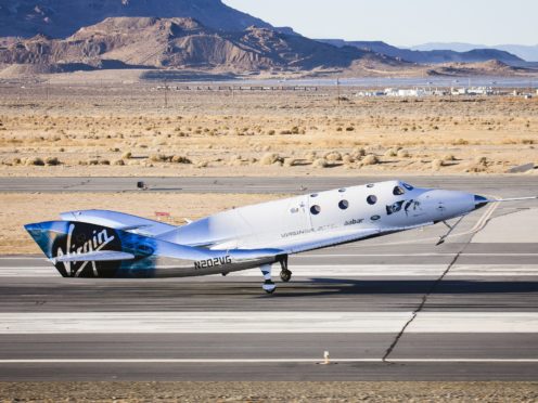 Virgin Spaceship Unity touching down after flying freely for the first time in the Mojave Desert, USA (Virgin Galactic/PA)