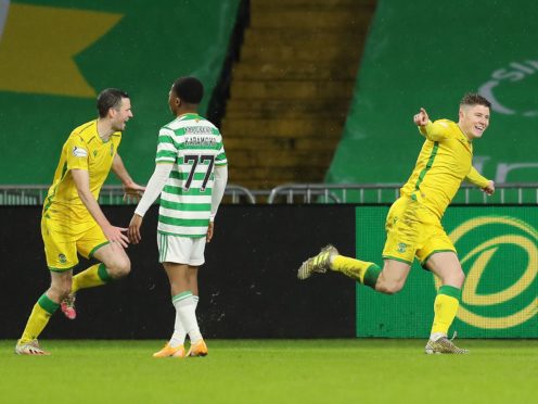 Hibernian’s Kevin Nisbet, right, celebrates the equaliser (Jane Barlow/PA)