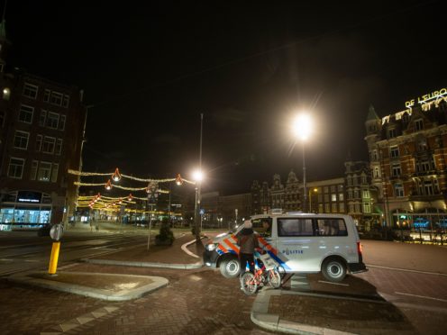 In this image made from video, a COVID-19 testing center is seen after being set on fire in Urk, 80 kilometers (50 miles) northeast of Amsterdam, Saturday, Jan. 23, 2021. Dutch police have clashed with protesters demonstrating against the country’s lockdown in the capital, Amsterdam and the southern city of Eindhoven. The unrest comes a day after rioting youths protesting on the first night of the country’s curfew torched a coronavirus testing facility in Dutch fishing village Urk. (Pro News via AP)