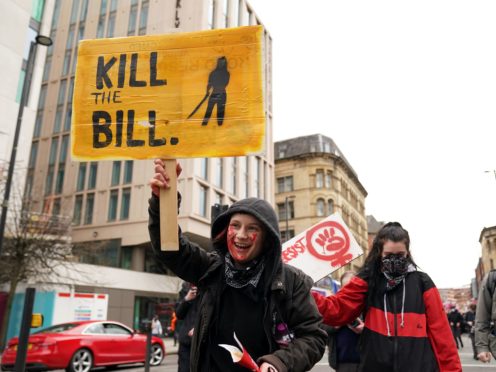 Demonstrators during the Kill The Bill protest against The Police, Crime, Sentencing and Courts Bill in St Peter’s Square, Manchester on March 27 (Zac Goodwin/PA)