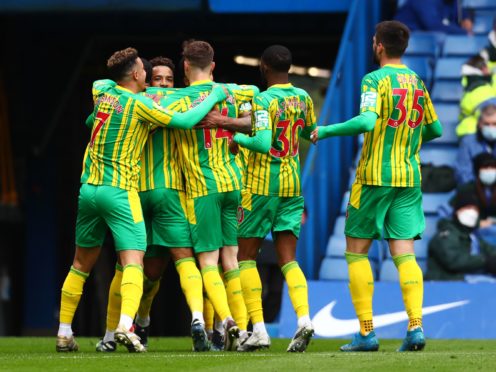 Matheus Pereira celebrates scoring West Brom’s second goal in the win at Chelsea (Clive Rose/PA)