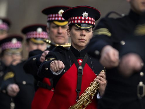 Military personnel rehearsing for the Duke of Edinburgh’s funeral on the Drill Square at the Army Training Centre Pirbright in Woking (Victoria Jones/PA)