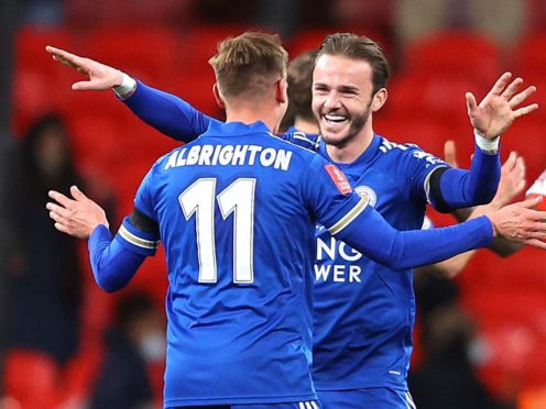 Leicester’s Marc Albrighton (left) and James Maddison celebrate reaching the FA Cup final (Richard Heathcote/PA)