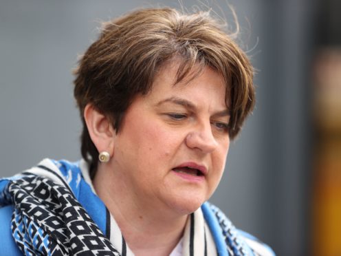 Northern Ireland’s First Minister Arlene Foster answers questions on her leadership during a visit to the Hammer Youth Centre in Belfast (PA)