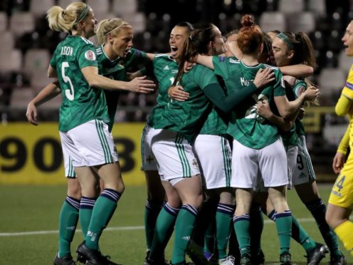NI women celebrate during Tuesday’s match against Ukraine in Belfast (Irish FA)