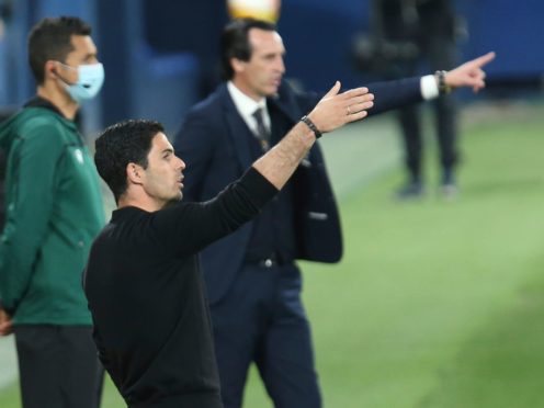 Arsenal’s manager Mikel Arteta saw his side lose the first leg of their Europa League semi-final against Villarreal (Alberto Saiz/AP)