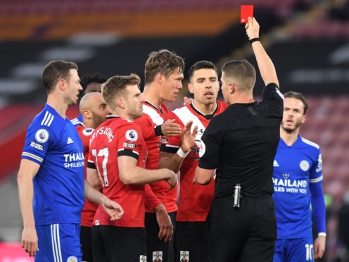 Southampton defender Jannik Vestergaard (centre) was sent off against Leicester – but his red card was overturned on appeal (Neil Hall/PA)