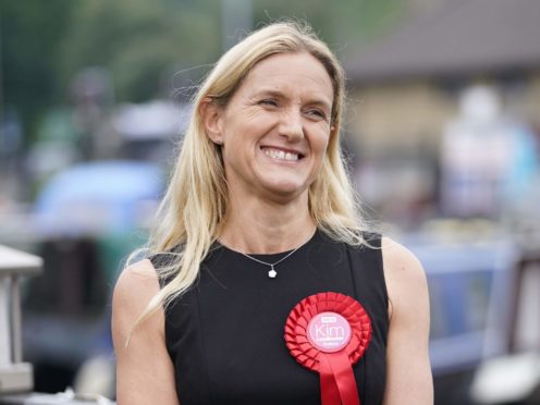 Kim Leadbeater celebrates in Huddersfield after winning the Batley and Spen by-election (Danny Lawson/PA)