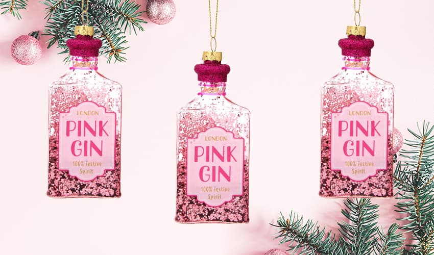 pink baubles gin shaped christmas baubles