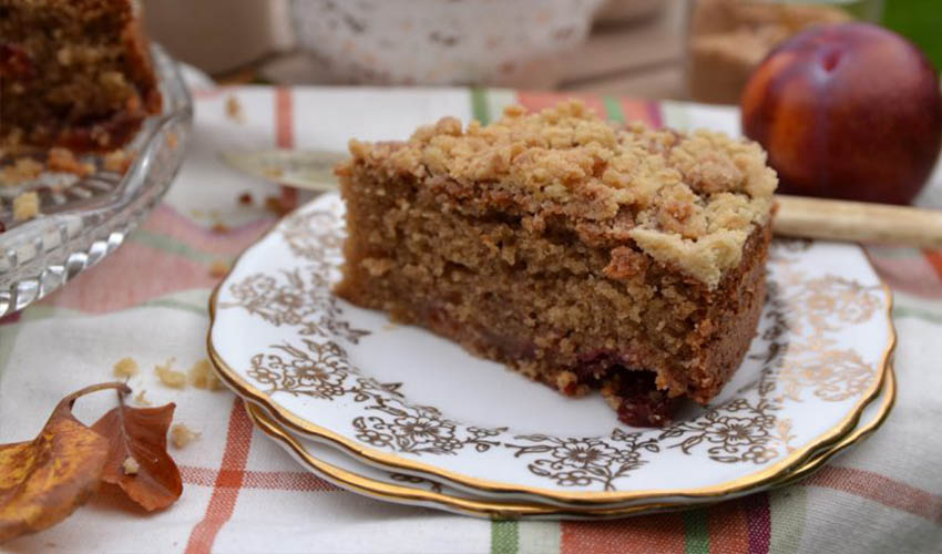 plum gin cake Featured Image for Spiced Plum Gin Crumble Cake Will Be Your New Autumnal Obsession