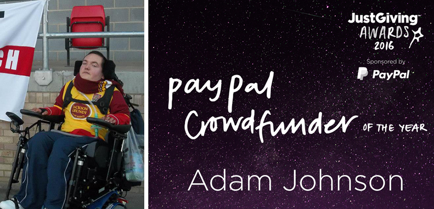 Paypal Crowdfunder of the Year logo and photo of Derry in a wheelchair at a football game