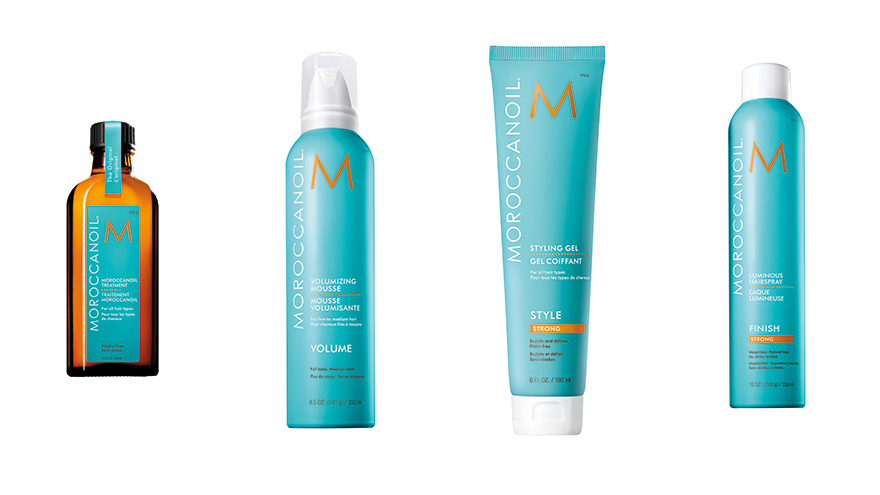 Moroccanoil Treatment, Moroccanoil Volumizing Mousse, Moroccanoil Styling Gel Strong, Moroccanoil Luminous Hairspray Strong 
