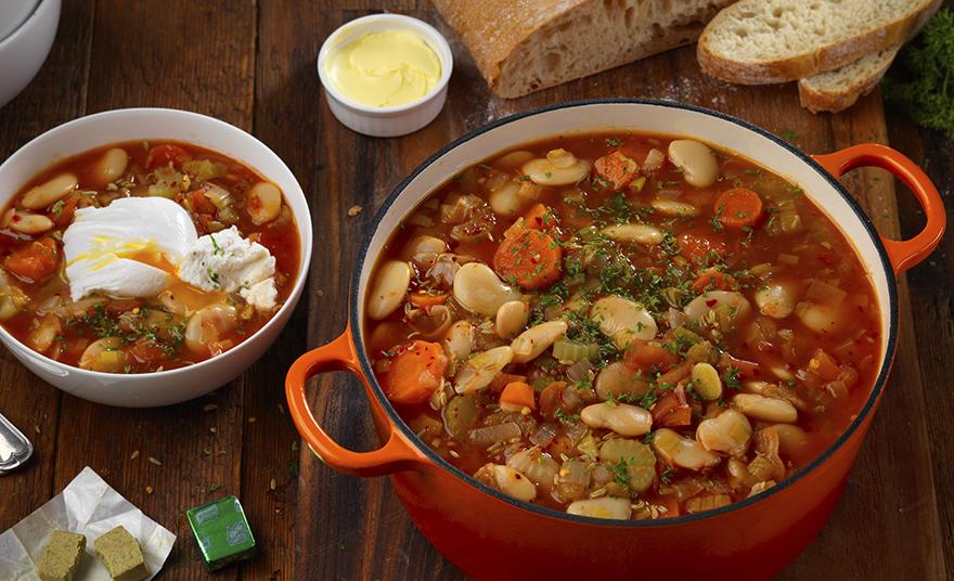 Olivia and Hadyn’s Butterbean Stew with Poached Egg & Soft Goats Cheese