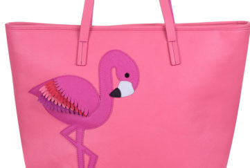 Bright pink shopping bag, shoulder straps, with large felt flamingo motif in deeper pink and white