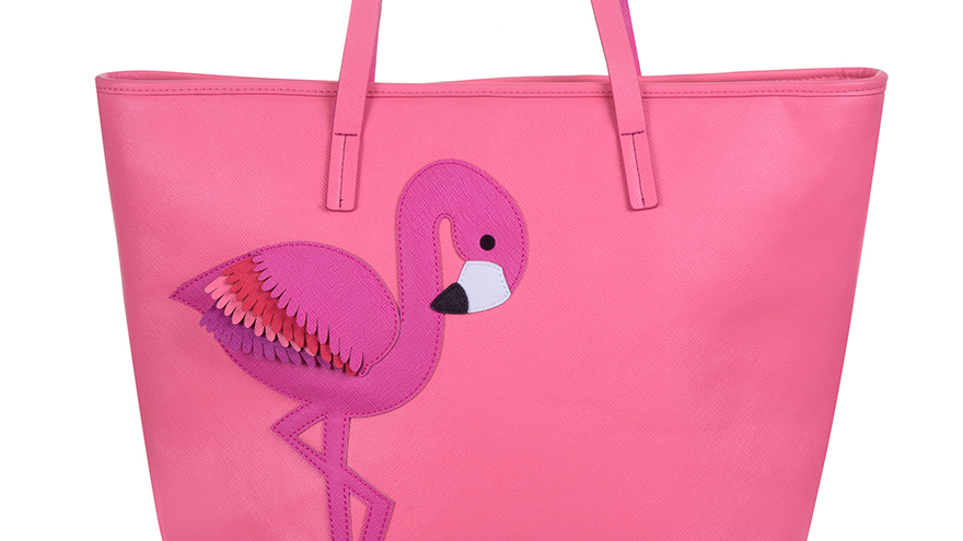 Bright pink shopping bag, shoulder straps, with large felt flamingo motif in deeper pink and white