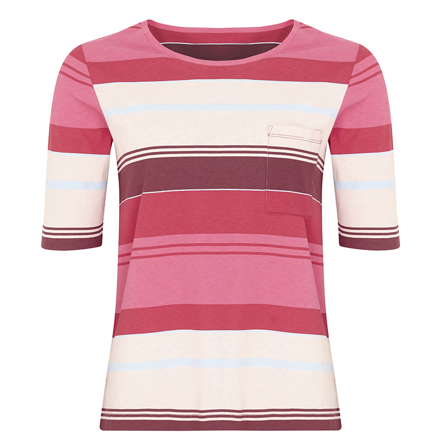 3 quarter sleeve fitted T shirt, bold horizontal stripes in cream, pink, burgundy, pale blue and red
