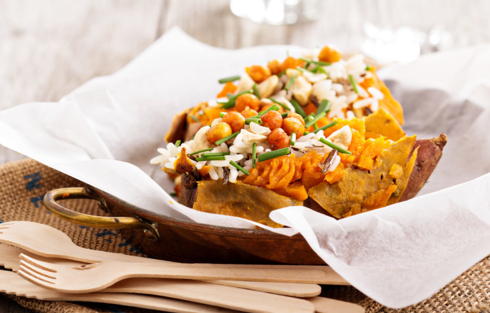 Baked sweet potato stuffed with rice, chives and roasted chickpeas