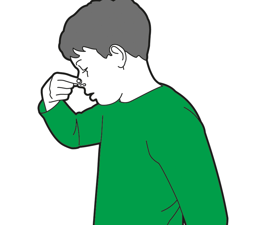 Drawing of child treating nosebleed by pinching nose and breathing through the mouth