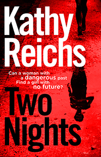 Two Nights book cover showing woman's shadow on red background