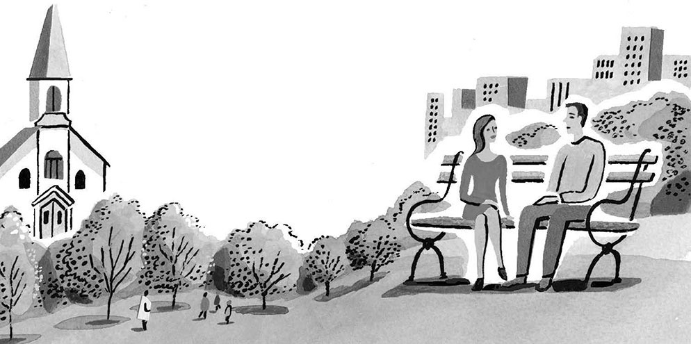 drawing of man and woman on bench