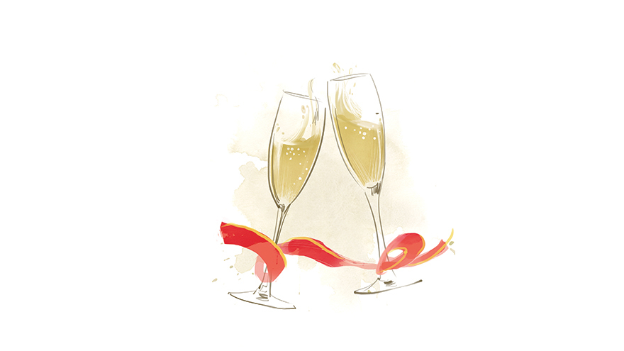 Champagne glasses and red ribbon