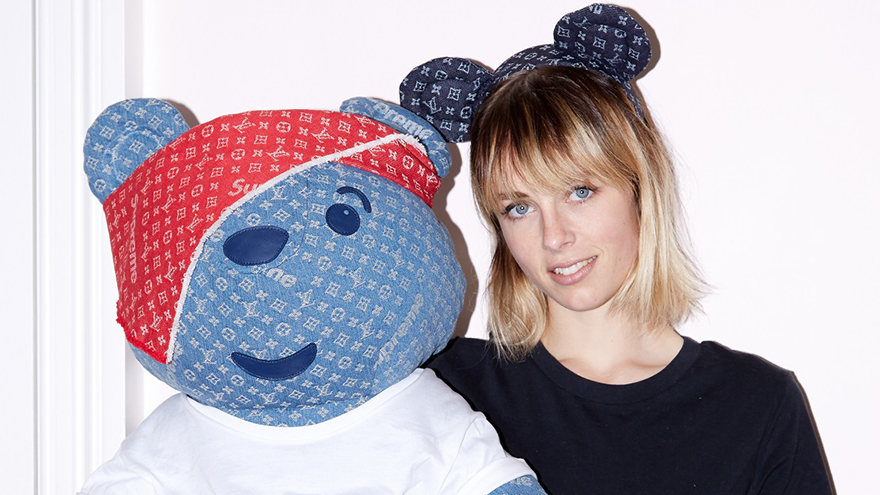 Edie Campbell models denim teddy bear ears and shows off the denim Pudsey Bear