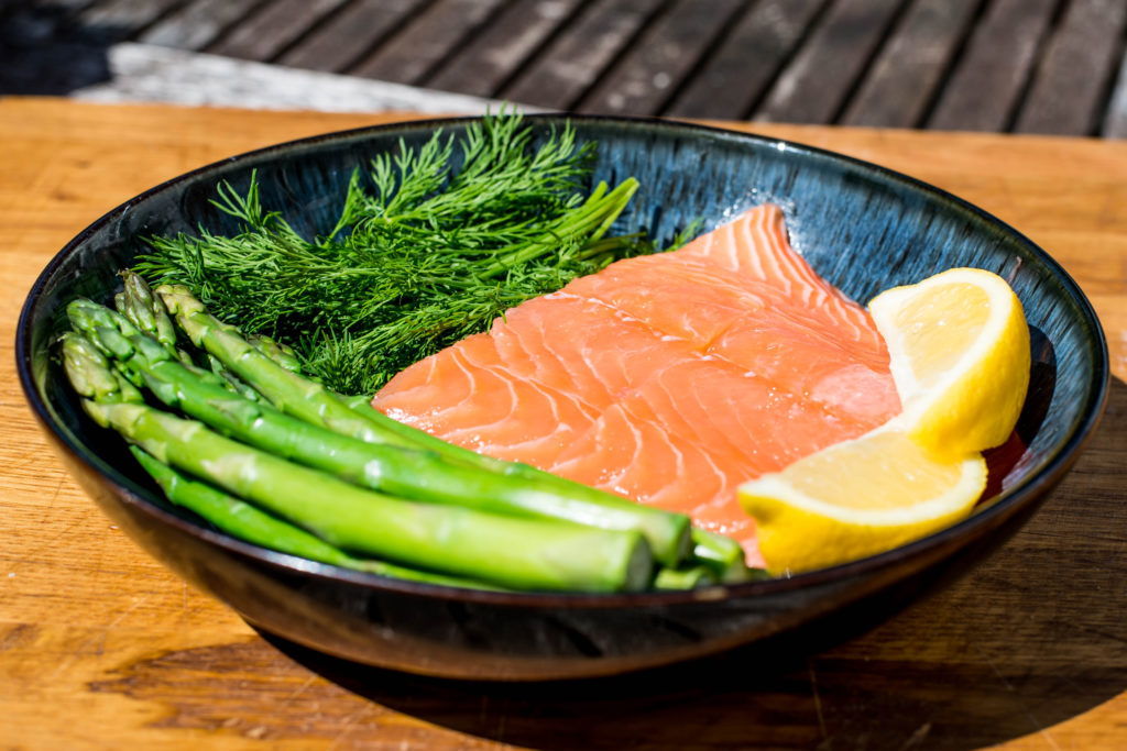 Uncooked Fresh Organic Salmon Steak With Asparagus and Dill Herbs