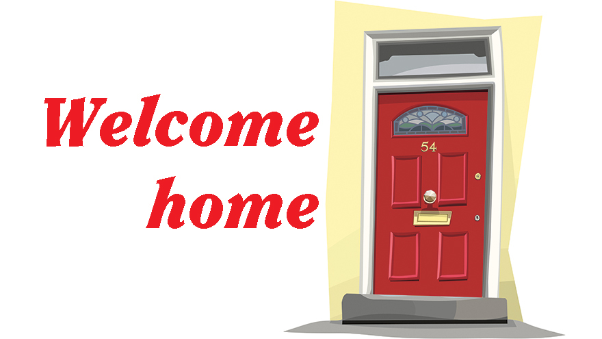 red front door with title welcome home