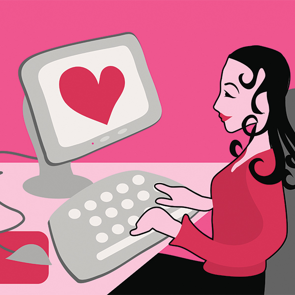 Cartoon illustration of black-haired woman at computer, a big love heart on the screen