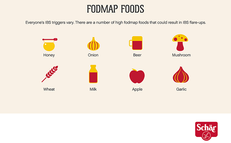 IBS infographic listing FODMAP-heavy foods: onions, garlic, milk, wheat, honey, beer, mushrooms and apples