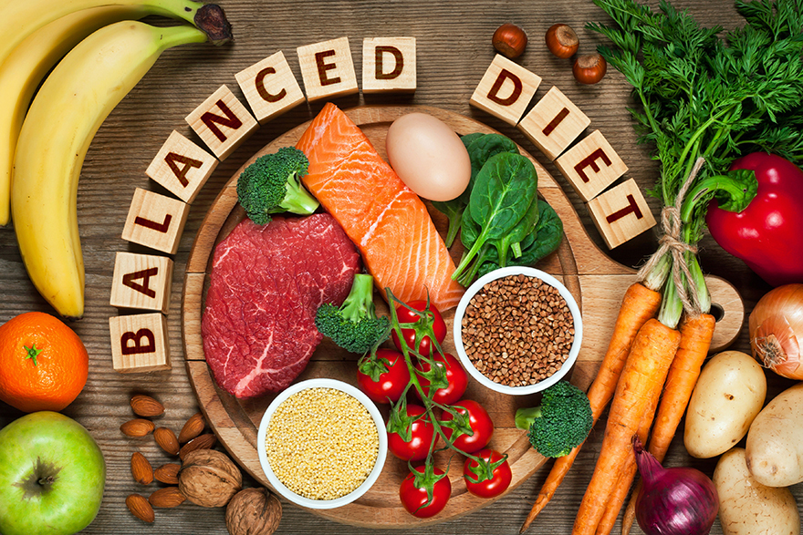 Balanced diet display of foods