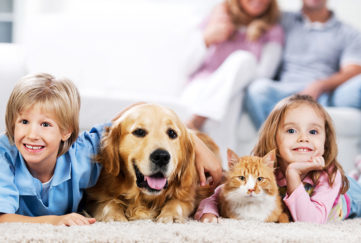 Boy and girl at home with cat and dog Pic: Istockphoto
