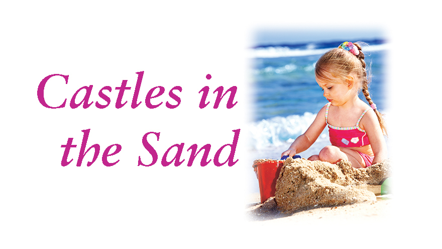 Little girl with sandcastle and title